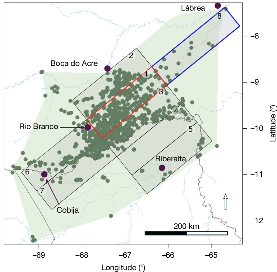 Carte de distribution des geoglyphes de la civilisation Aquiry en Amazonie occidentale