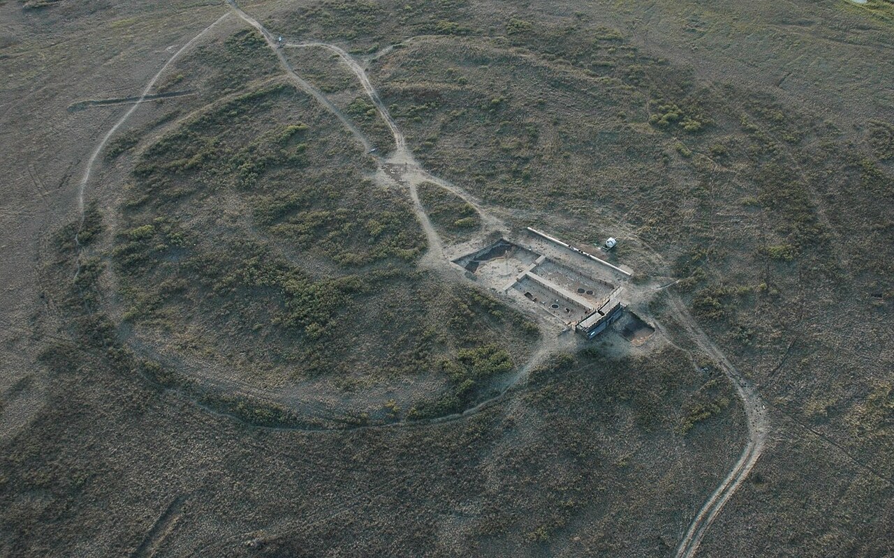 Vue aérienne du site d'Arkaïm, Oural méridional, Russie