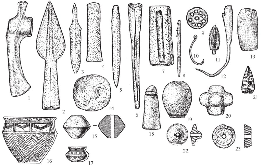 Artefacts de la culture Sintachta, bijoux et outils en bronze