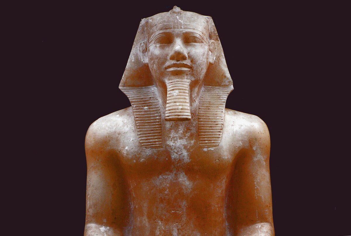 Diorite statue of the seated pharaoh Khafre, protected by the falcon Horus