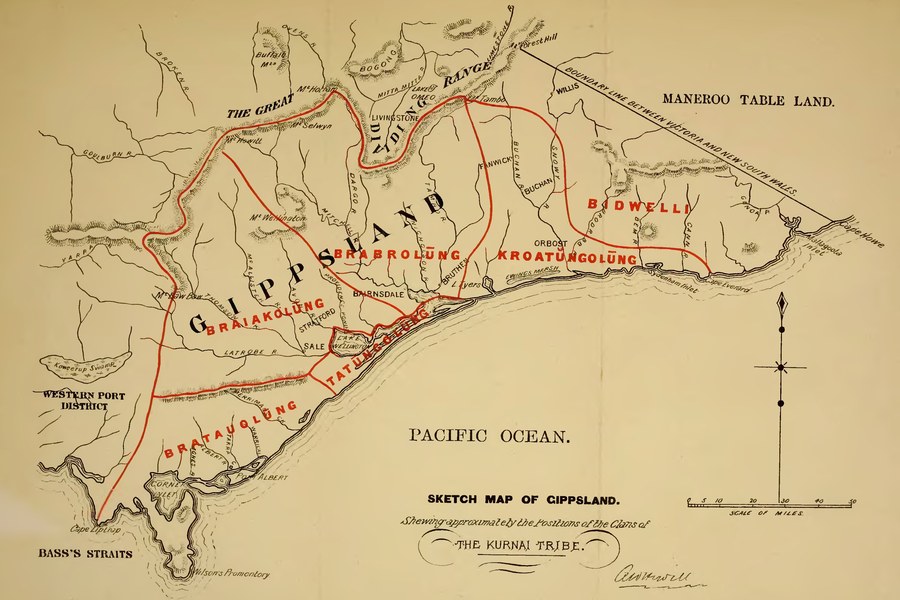 Map of Gippsland showing the distribution of clans of the Kurnai tribe, 19th century - public domain