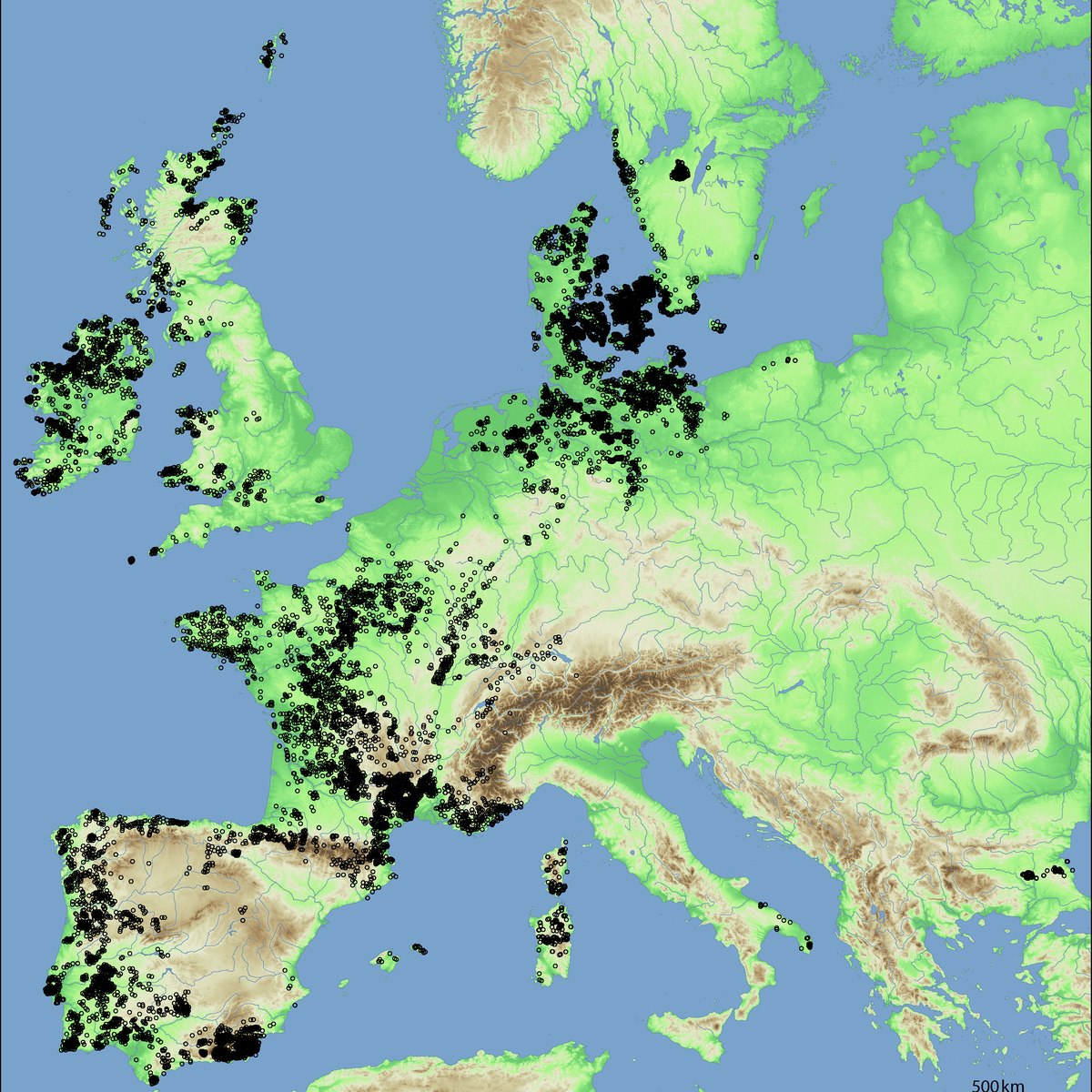 Carte de distribution des mégalithes en Europe atlantique, Müller et al. 2019