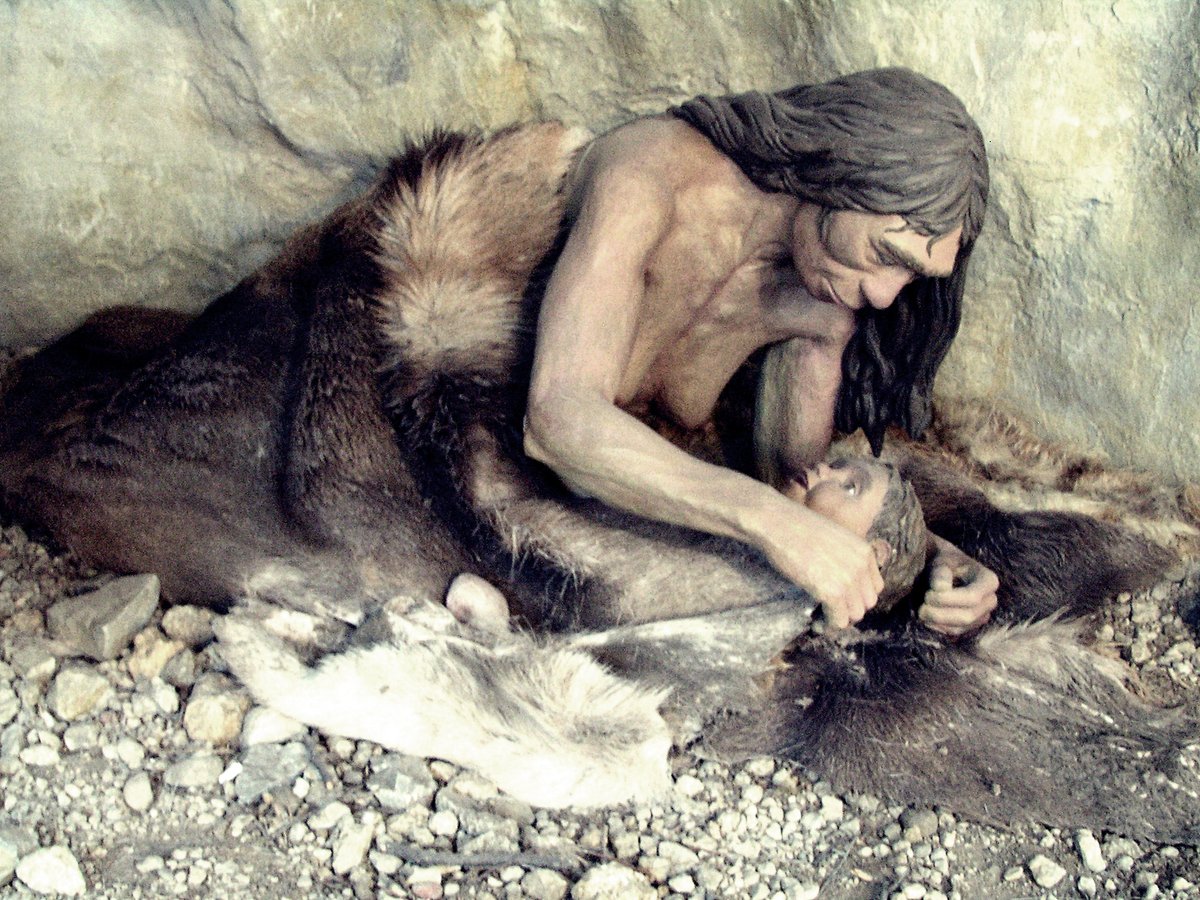 Neanderthal mother and child reconstruction diorama Brno museum