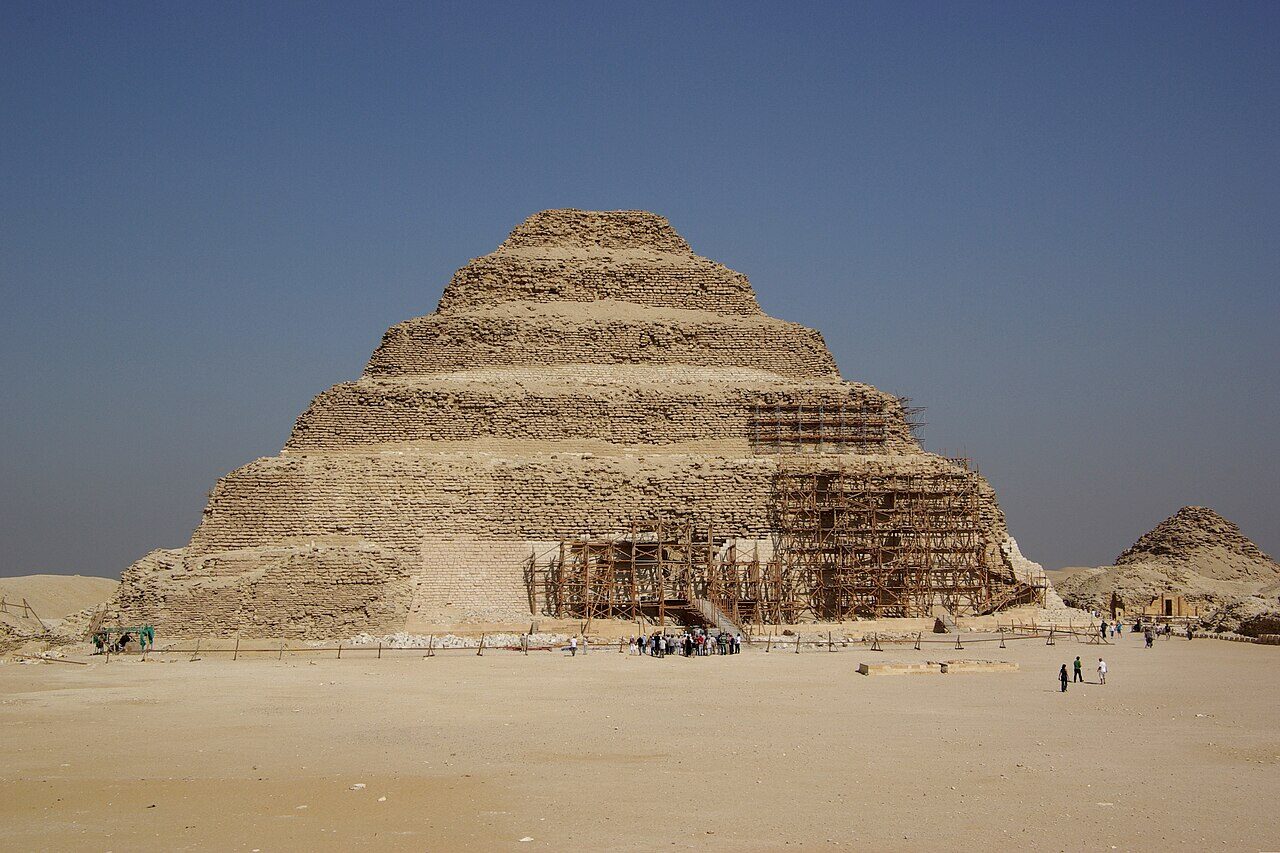 The step pyramid of Djoser at Saqqara, a structure of six stone tiers