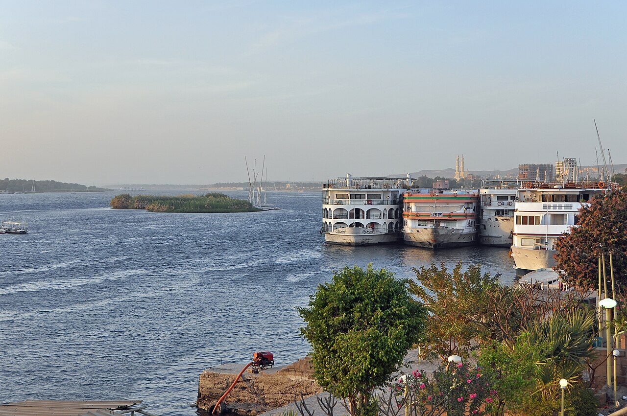The Nile lined with traditional sailing boats near Aswan