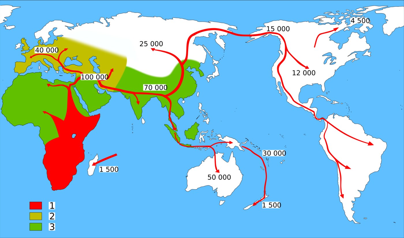Schematic map of the first human migrations out of Africa