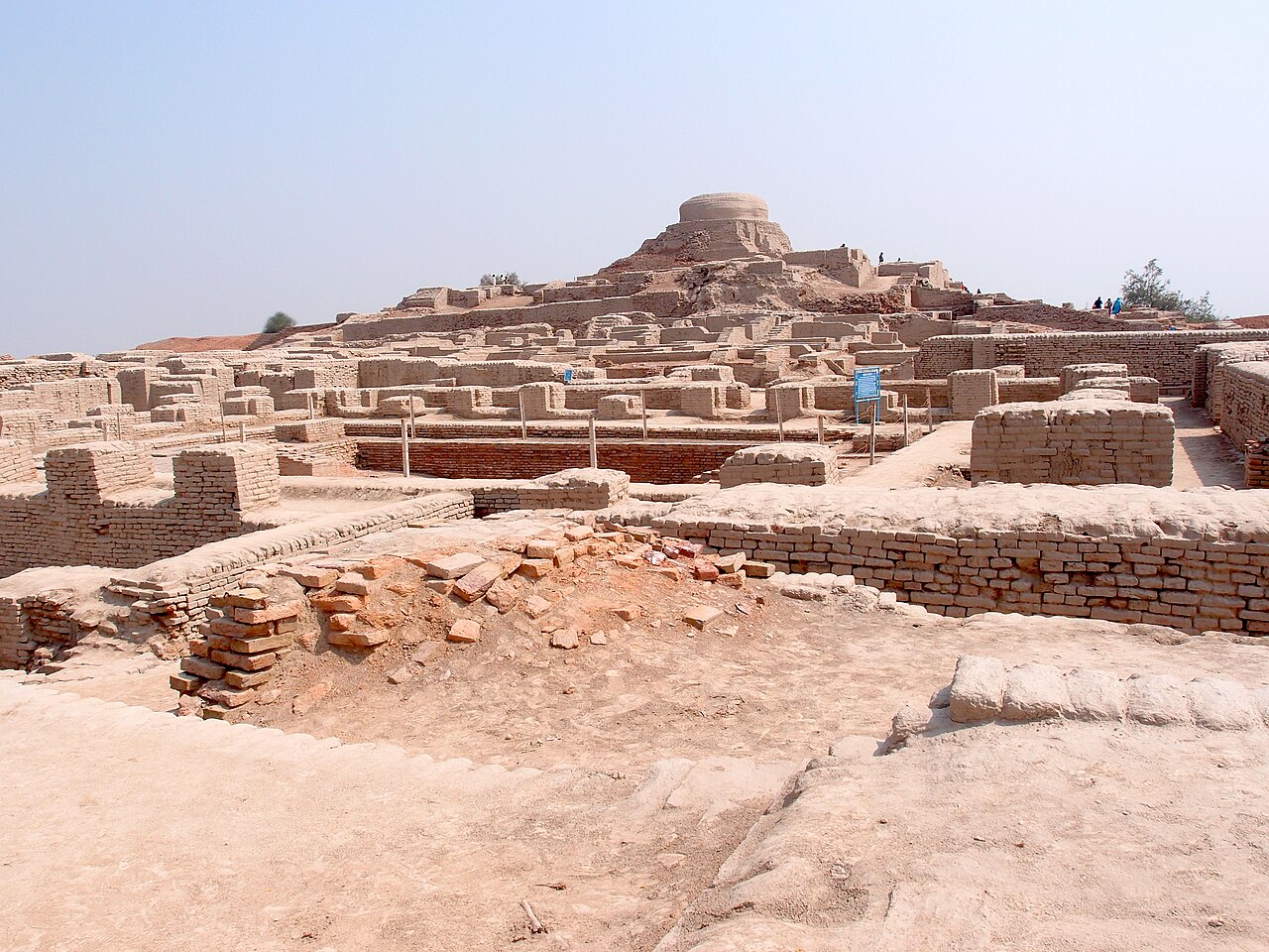 General view of the Mohenjo-daro archaeological site, Pakistan ,  the Buddhist stupa mound in the background