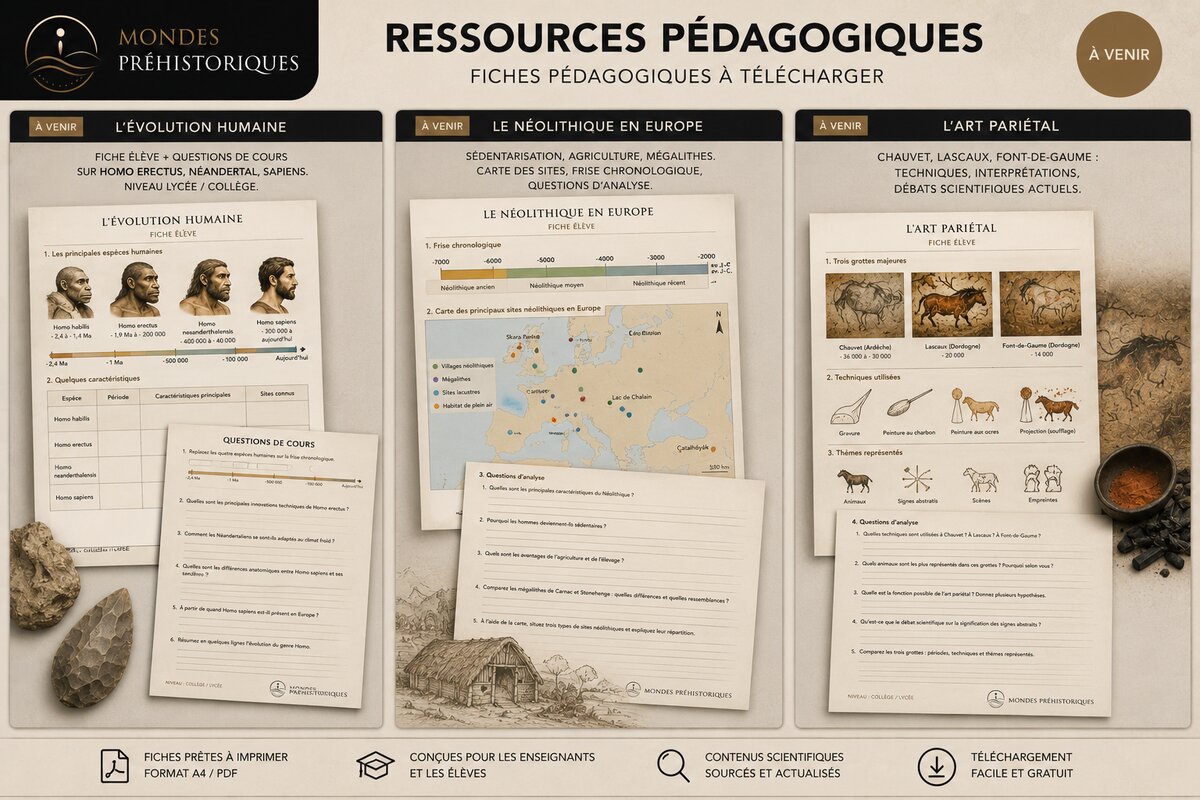 Ressources pédagogiques Mondes Préhistoriques — aperçu des fiches à télécharger